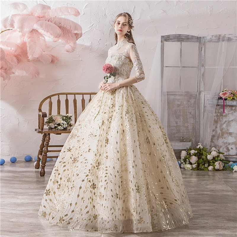 Customized High Neck Champagne Half Sleeve Wedding Dress Vintage Luxury Lace Embroidery Illioun Princess Gown Robe De Mariee