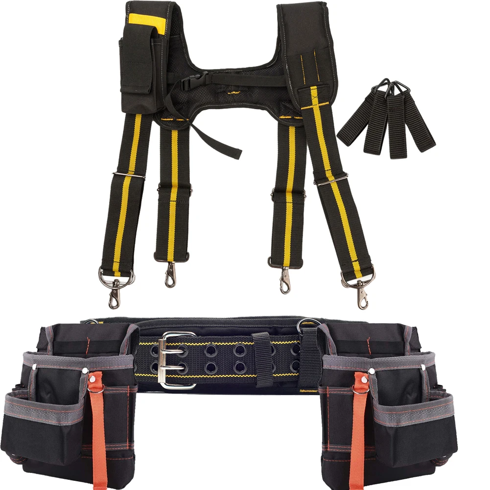 4Pcs Tool Belt Suspenders Bag Set Adjustable Lumbar Support Tool Belt and Yoke-style Suspenders for Carpenter Electrician