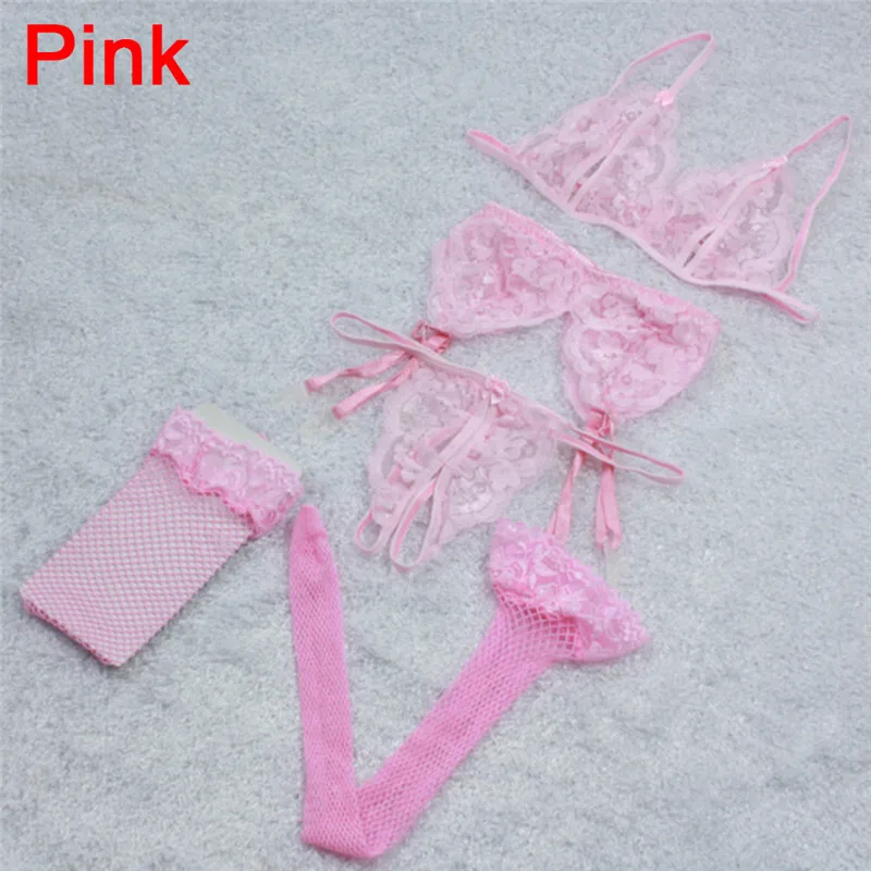 4pcs Sexy Lingerie Set Temptation Lace Push Up Transparent Bra Set Erotic Women Underwear Bras + G-String + Net Socks + Sling