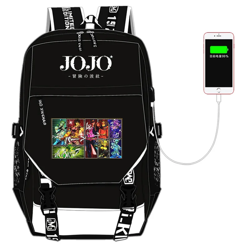 JoJo's Bizarre Adventure Kujo Jotaro Students School Bags USB Charging Laptop Backpack Oxford Bookbag for Teenagers Travel Bag