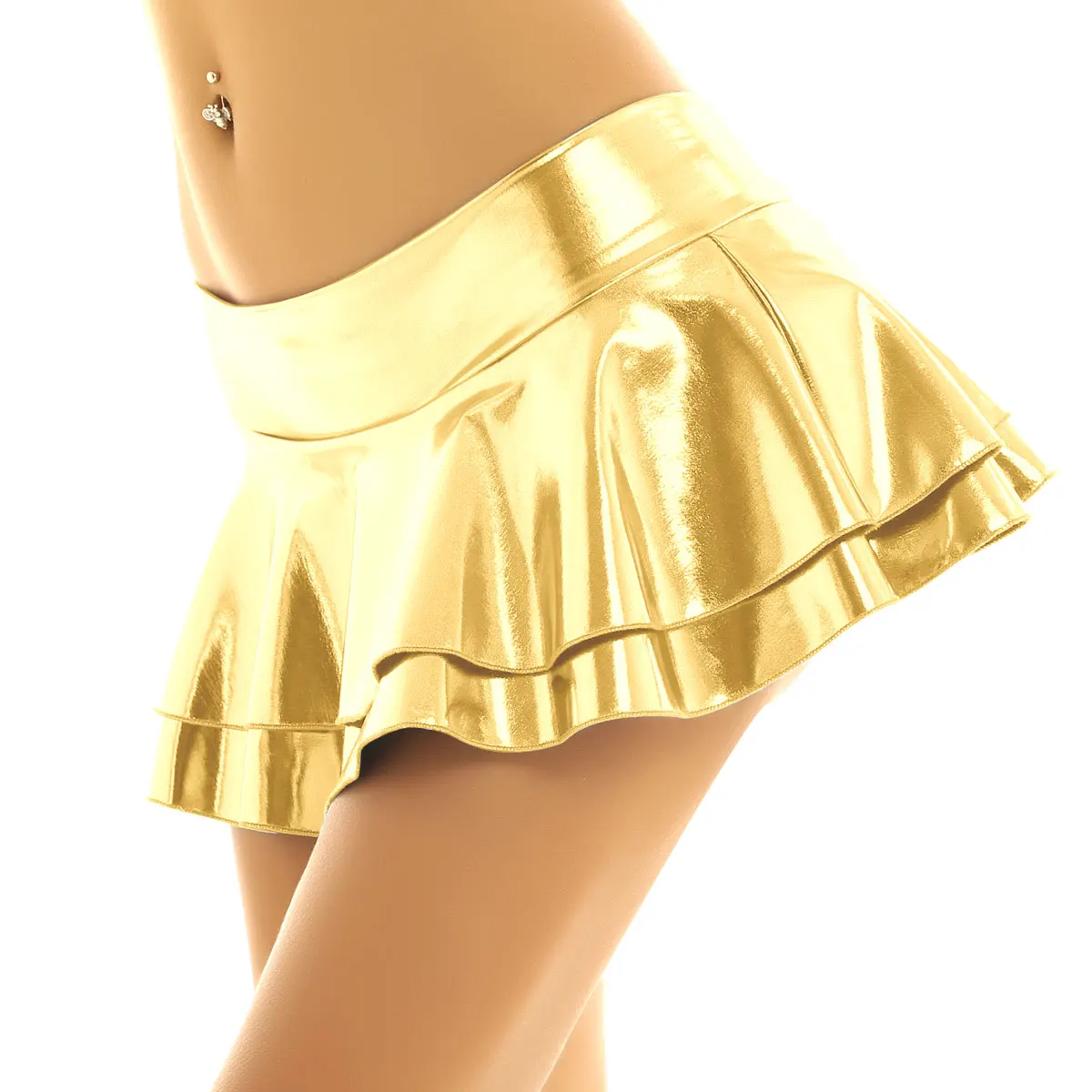 Women Shiny Metallic Low Rise Ruffled Pole Dance Shorts Skirt Leotard Club Party Sexy Mini Skirts Dancing Festival Rave Costume