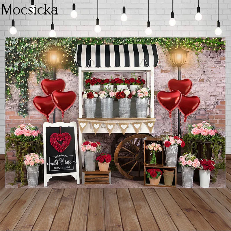 Valentine's Day Rose Flower Cart Shop Photo Background Love Heart Balloon Newborn Child Portrait Photography Props Photo Studio