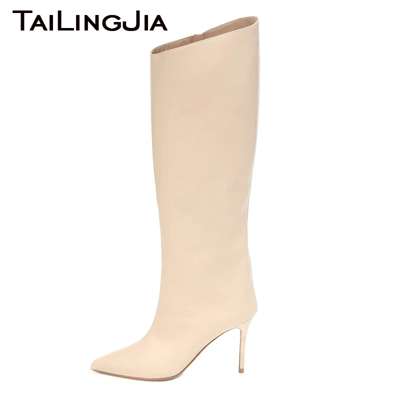 

2024 New Women Pointed Toe Beige Knee High Boots Stiletto High Heel Long Boot Female Shoes With Zipper Inside Black Winter Boots