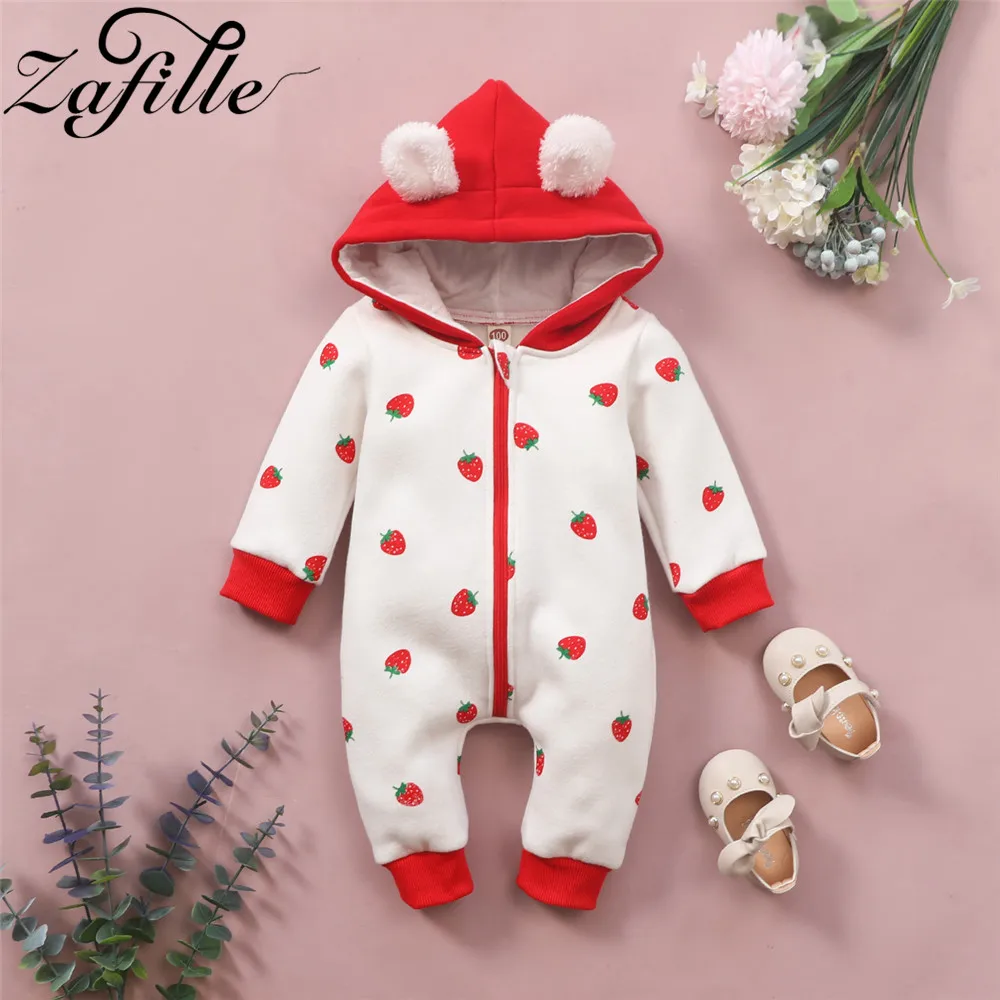 ZAFILLE Toddler Baby Clothes Heart Hooded Zipper Baby Girls Overalls Plus Velvet Winter Jumpsuit For Boys Rompers Warm Clothing