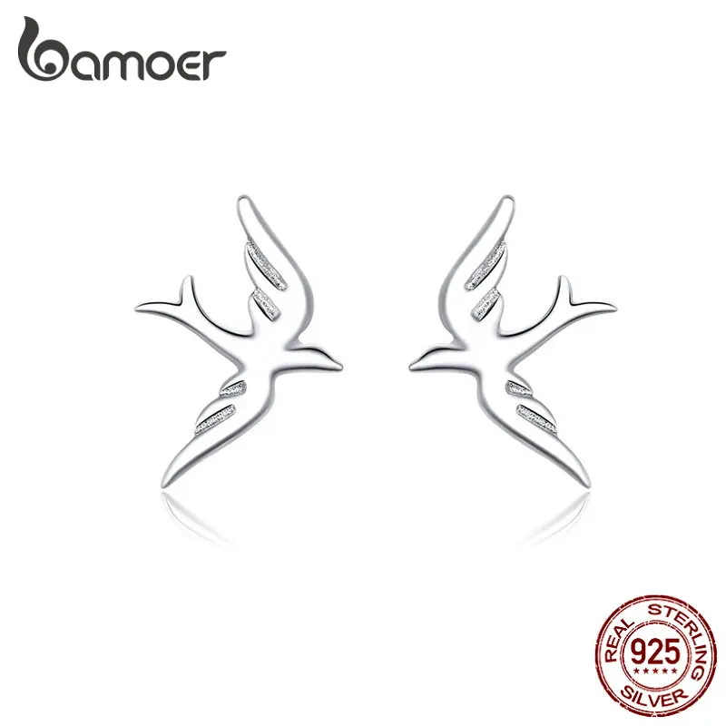 bamoer Spring Swallow Stud Earrings for Women 925 Sterling Silver Jewelry Vivid Flying Bird Earing for Girl Fine Jewelry BSE302