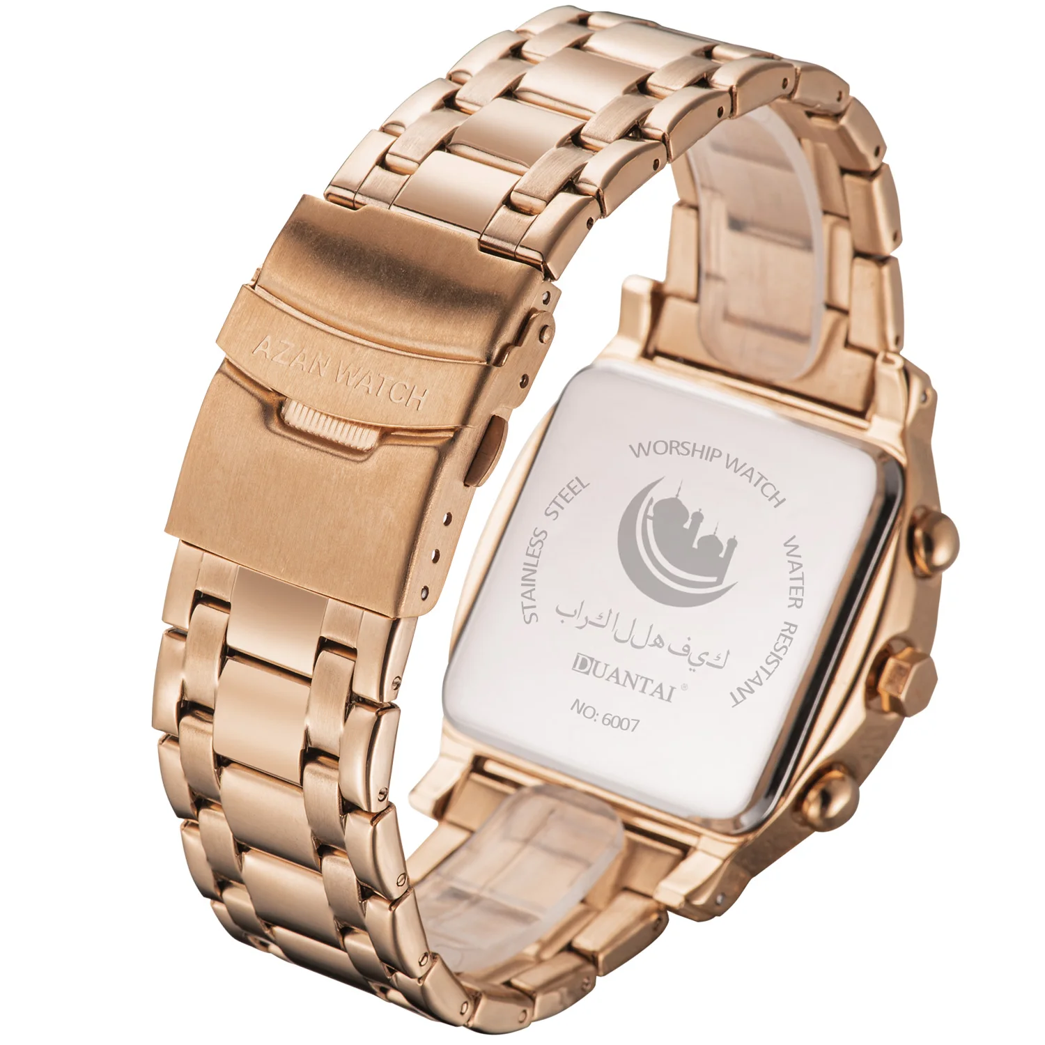 New Arrival Muslim Prayer montre watch rose gold stainless steel Islamic Azan wrist Watch digital led watch 6007