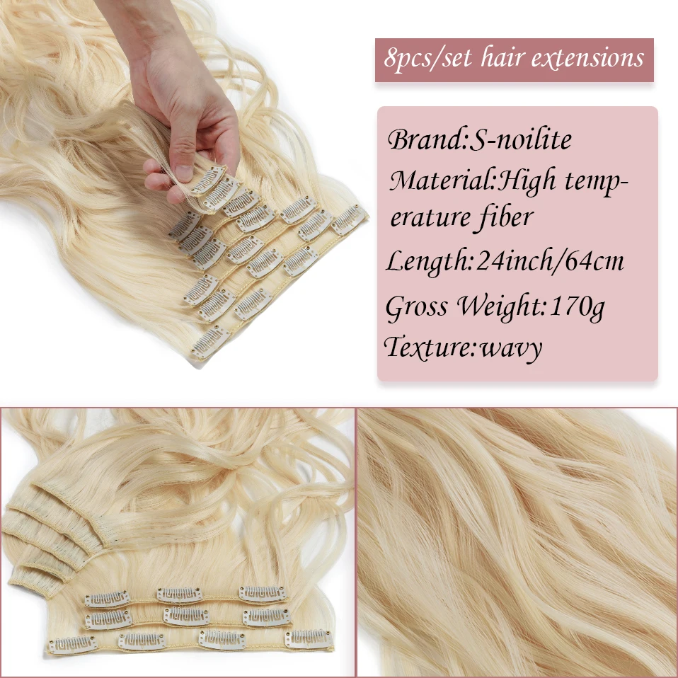 S-noilite Synthetic Long Wavy Clip In Hair Extensions Clip In 8pcs/set Hairpieces 24inch Pure Color Bleach Blonde Clip In Hair