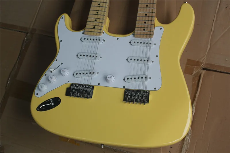 

double neck yellow left hand guitar with basswood body,special Tailpiece,sss pickups,chrome button