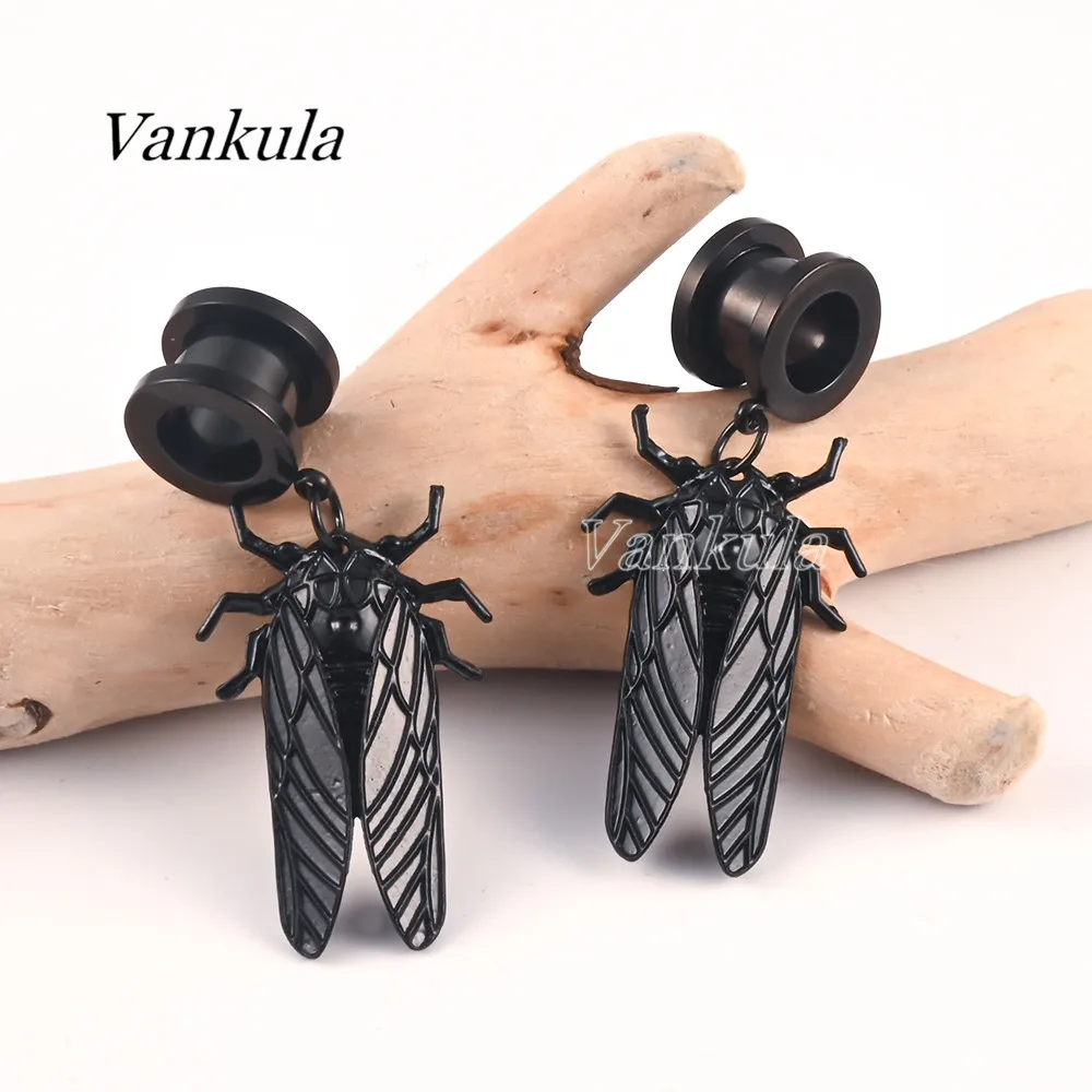 Vankula 2PCS Stainless Steel Black Ear Plugs Tunnels Dangle Earrings Ear Gauges Expander Hanger Trendy Gift For Woman