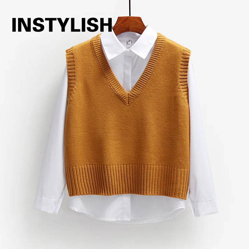 Women Sweater Vest Elegant V Neck Knitted Waistcoat Korean Harajuku Solid Loose Pullover Sleeveless Jacket Knit Top Outwear