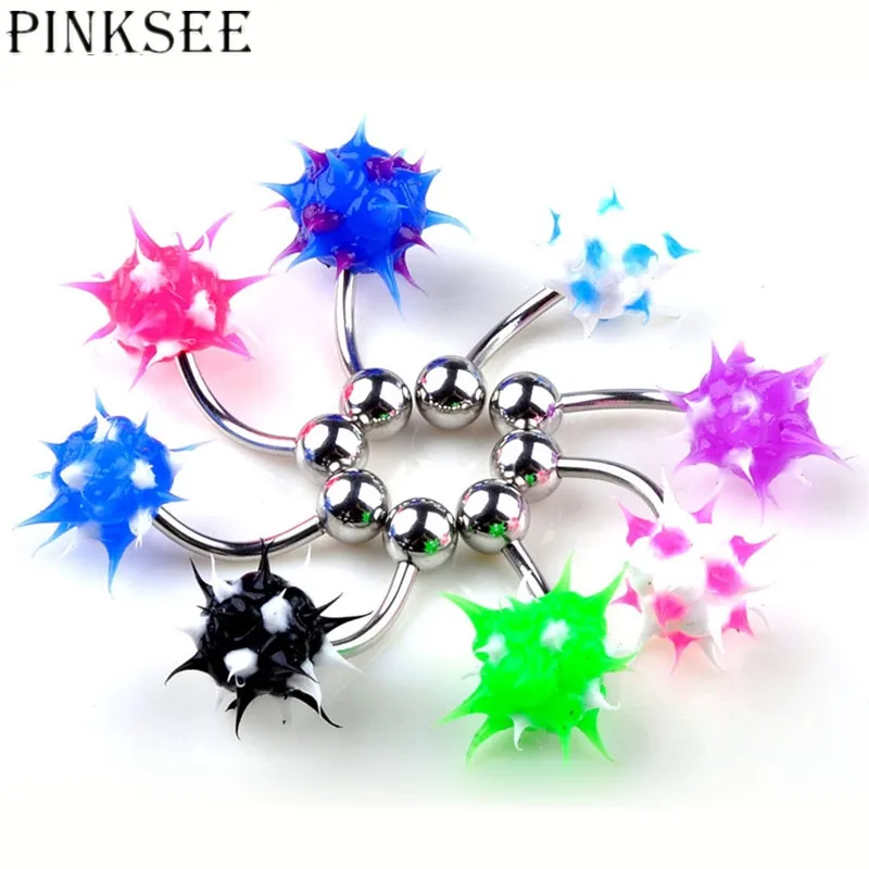 PINKSEE 5Pcs Mixed Colors Punk Stainless Steel Spike Ball Belly Button Ring Barbells Navel Rings Unisex Body Piercing Jewelry