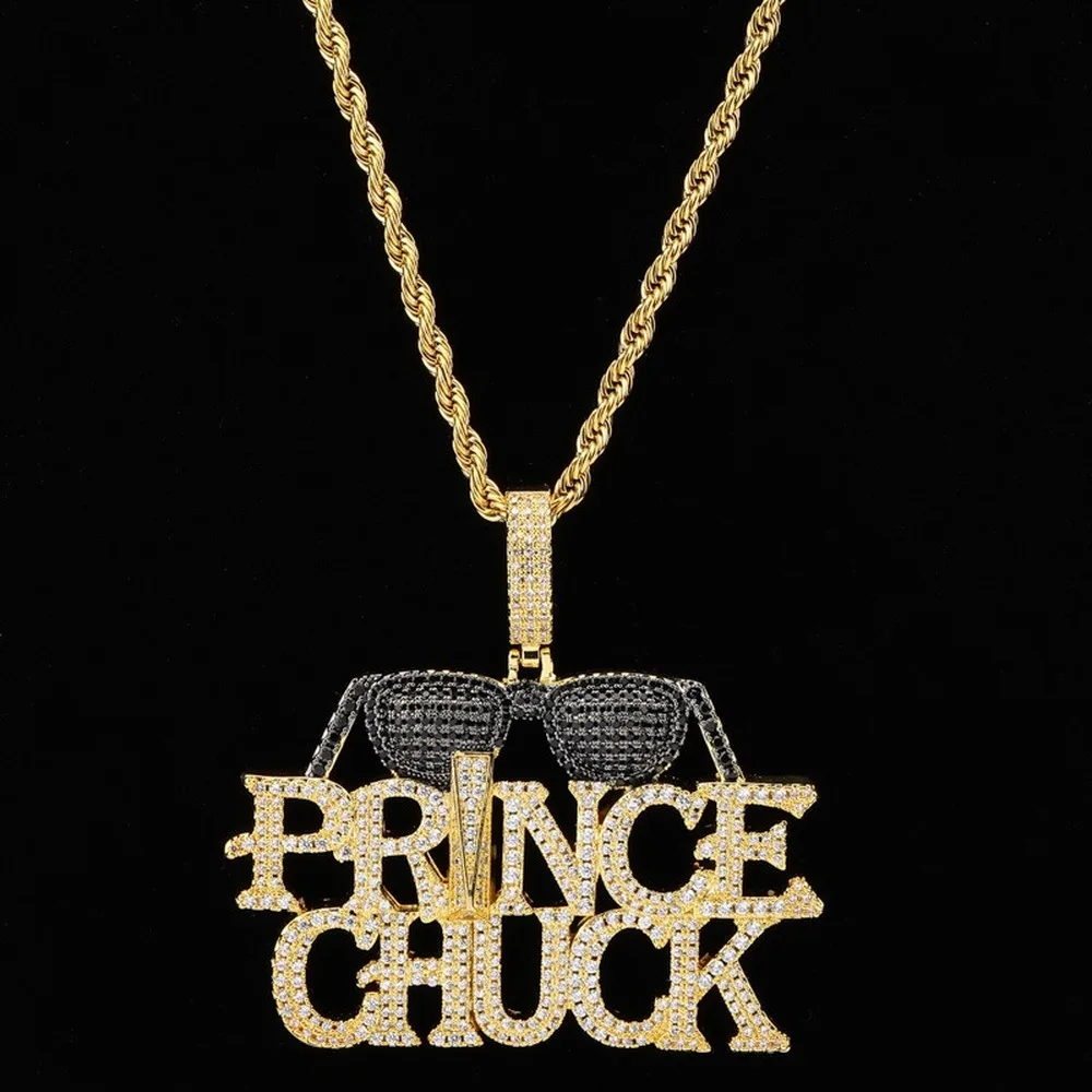 

18k Gold Plated Lab Diamond Necklace Iced Out PRINCE CHUCK Sunglasses Letters Pendent Hip Hop Chain for Men Women