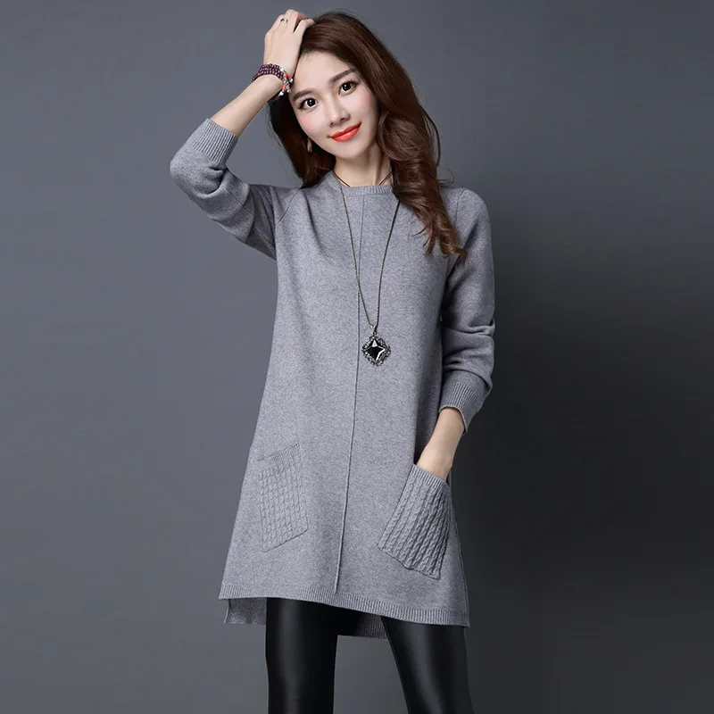 Fdfklak Autumn Winter Sweater New Women\'s Solid Color Loose Pullover Tops Long-Sleeved Pocket Knit Sweaters Dress Pull Femme 3XL