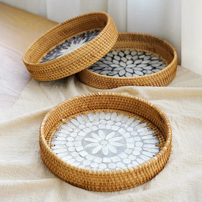 

Rattan Basket Coffee Table Snack Fruit Storage Basket Wicker Weaving Tray Kitchen Organizer Handwoven Breadbasket Home Decor