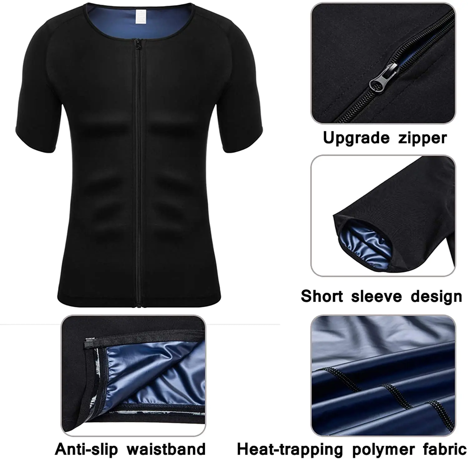 Men Waist Trainer Sweat Sauna Shirt Slimming Thermo Body Shaper Zipper Polymer Short Sleeve Sauna Suit Workout Shirt Tank Top