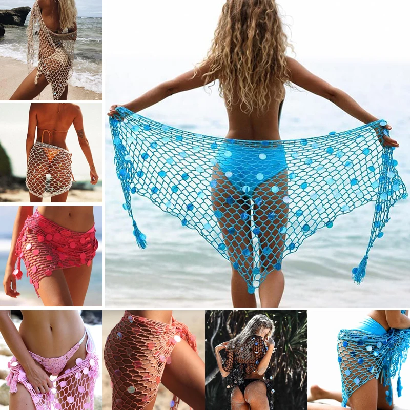 New Arrival Summer Sexy Women Sequin Hollow Out Fishnet Crochet Mesh Bikini Cover Up Swimwear Bathing Beach Dress