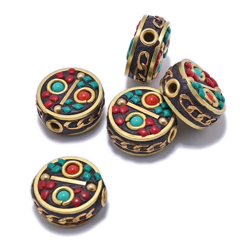 TZ-F Handmade Nepalese Buddhist Tibetan Brass Metal & Clay Loose Craft Beads for Necklace Jewelry Making DIY