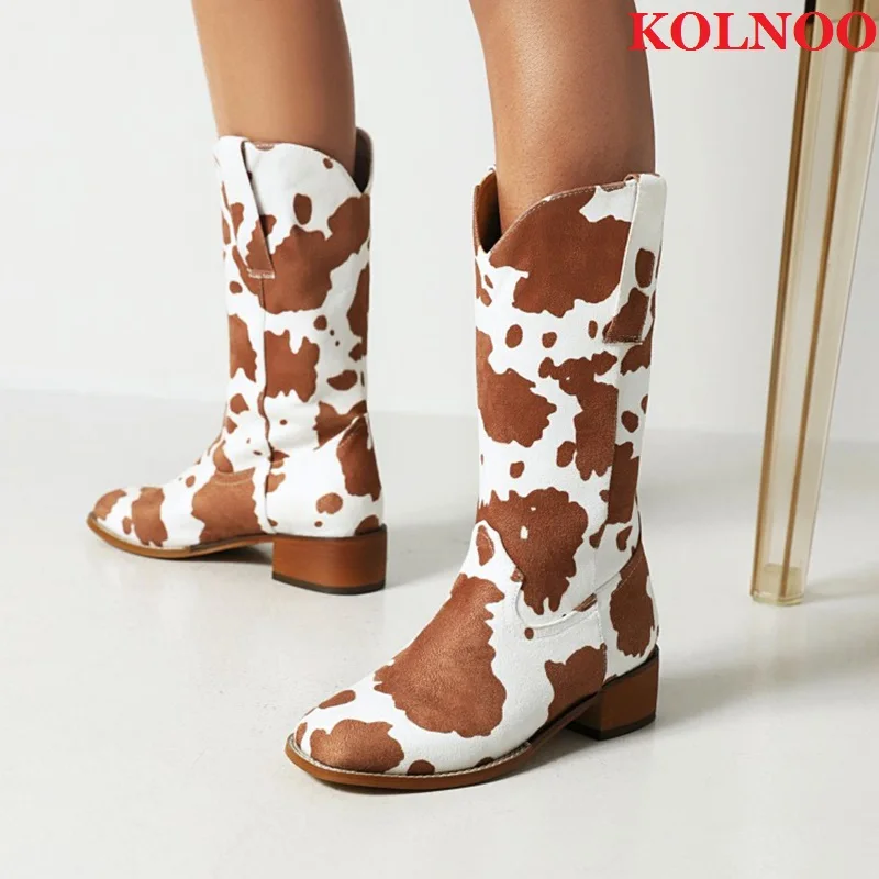 

Kolnoo New Foreign Style Ladies Large Size 35-47 Cow Boots Vintage Retro Classic Midcalf Boots Fashion Party Winter Brown Shoes