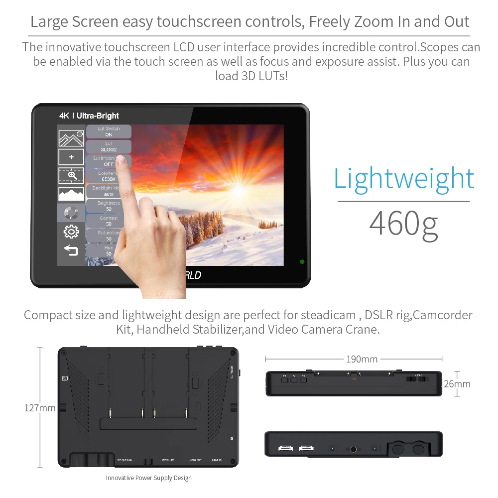 FEELWORLD LUT7 7 Inch 2200nits Touchscreen Camera Field Monitor with 3D LUT HDMI Input Output Waveform VectorScope Histogram