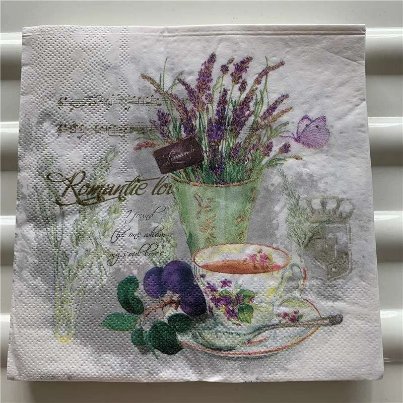 vintage Napkin paper elegant tissue print purple flower lavender handkerchief decoupage servilletas wedding birthday party decor