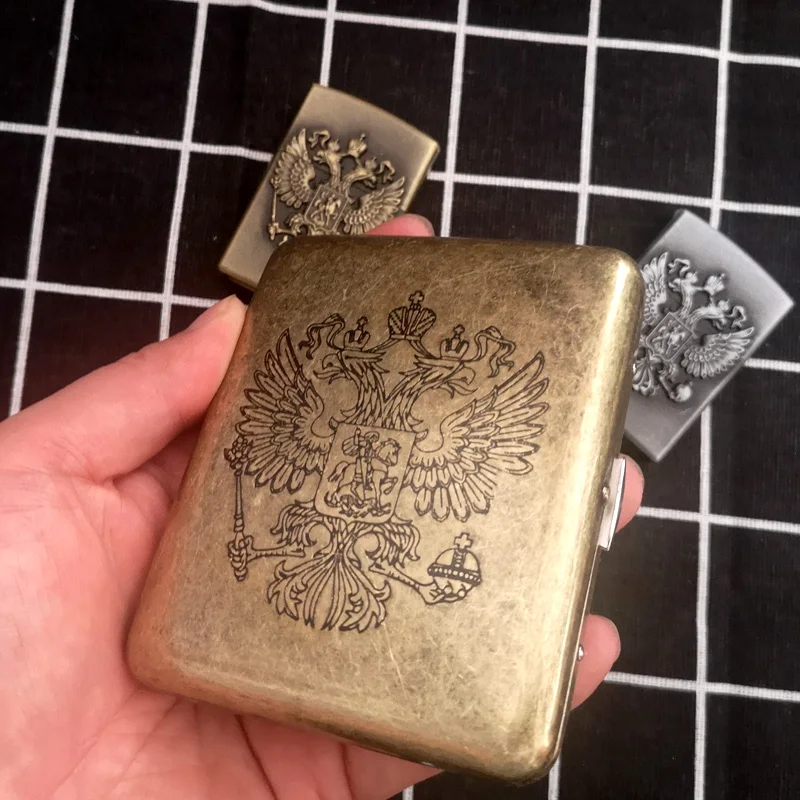 Unique Retro Metal Double-headed Eagle Cigarette Case With Same Gas Lighter Cigaret Pack 20 Cigarette Boxes  Man Smoker Gift