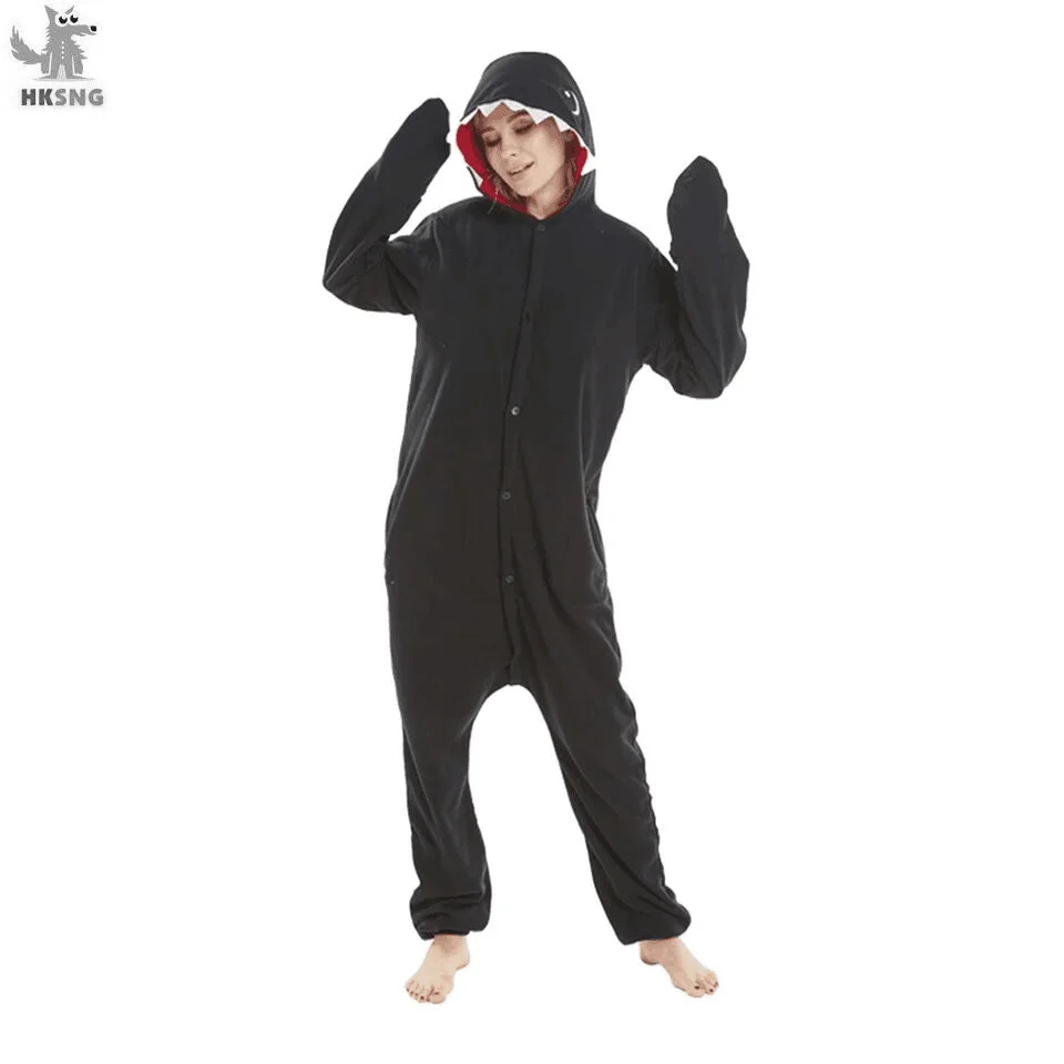 HKSNG Adult Black Shark Onesies Kigurumi Pajama Costume Fleece Cartoon Animal Halloween Party Jumpsuits Pyjamas Suit Kigurumi