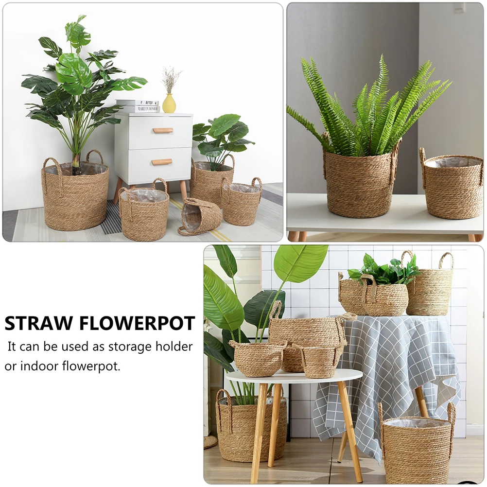 Basket Woven Flower Plant Planter Storage Pot Vase Seagrass Rattan Straw Baskets Flowerpot Wicker Rope Holder Pots Rustic Floor