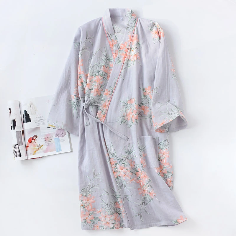 Spring Summer 100% Cotton Kimono Bathrobe Nightgown Women\'S Japanese Style Long Nightgown Flower Lingerie Sweat Steam Clothing