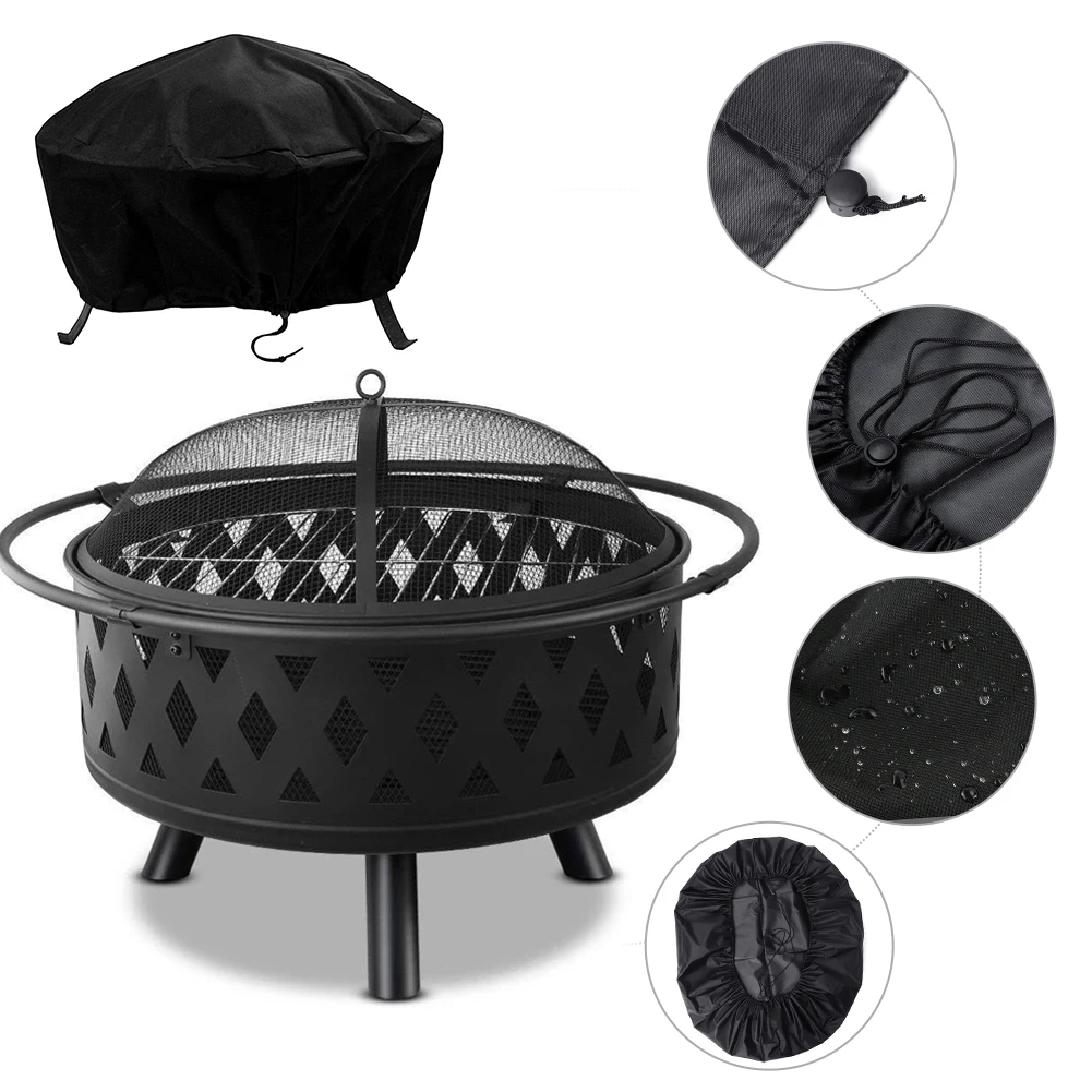 Round Fire Pit Cover Waterproof And Weather Resistant Durable Fabric BBQ Dust Cover For Outdoors Stove Brazier Heater