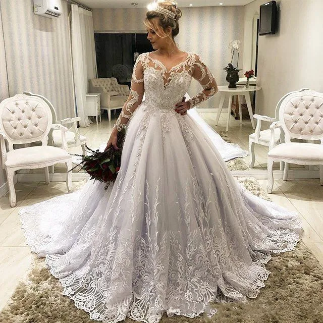 خمر Vestido De Noiva الدانتيل زين الكرة فساتين الزفاف 2022 المحكمة قطار سكوب كم طويل زي العرائس Vestidos Novia