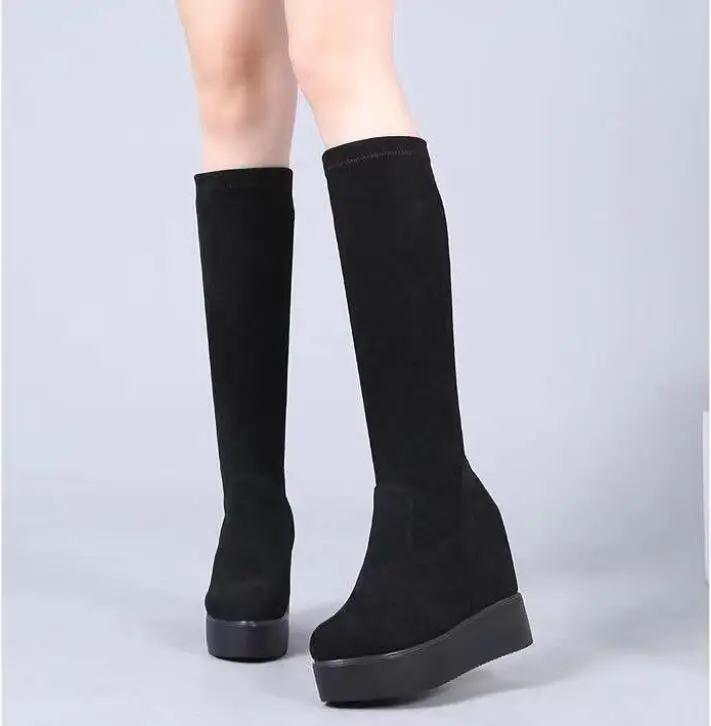 Autumn Winter Warm Wedges Knee High Boots Inner Increase Women's Round Toe Elastic Boots Long Tube Muffin Bottom Female Shoes