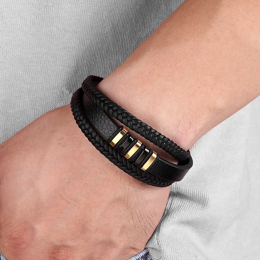 XQNI Multi-layer 4 color Selection Hand-woven Accessories Combination Men Stainless Steel Leather Bracelet Valentine\'s Day Gift