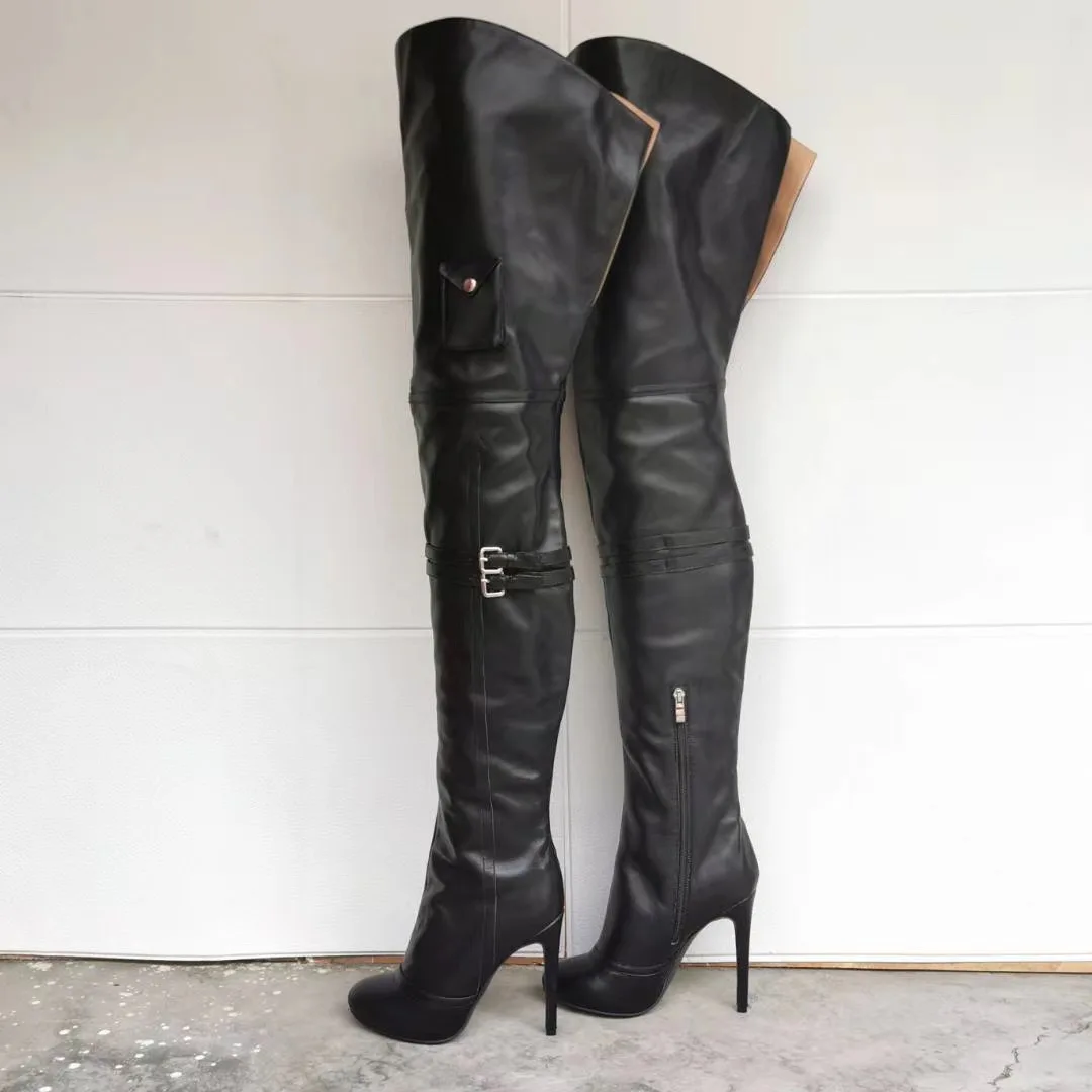 High Heel Pointy Thigh High Crotch Boots Sexy Black Over The Knee Botas Mujer Stylish Brand Leather Shoe Black Motorcycle Boots