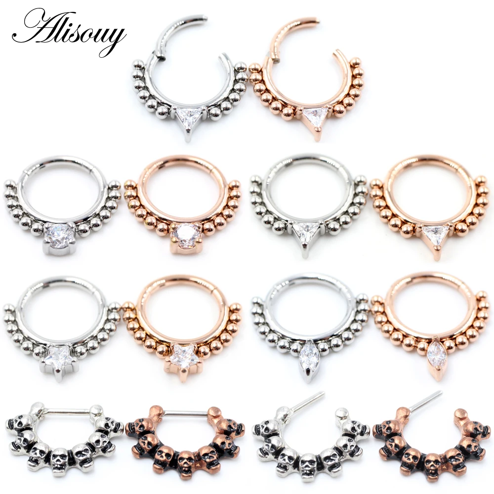 Alisouy 1pc Star Skull Crystal Zircon Cartilage Earring Stainless Steel Septum Clicker Nose Rings Hoop Segment Rings Piercing