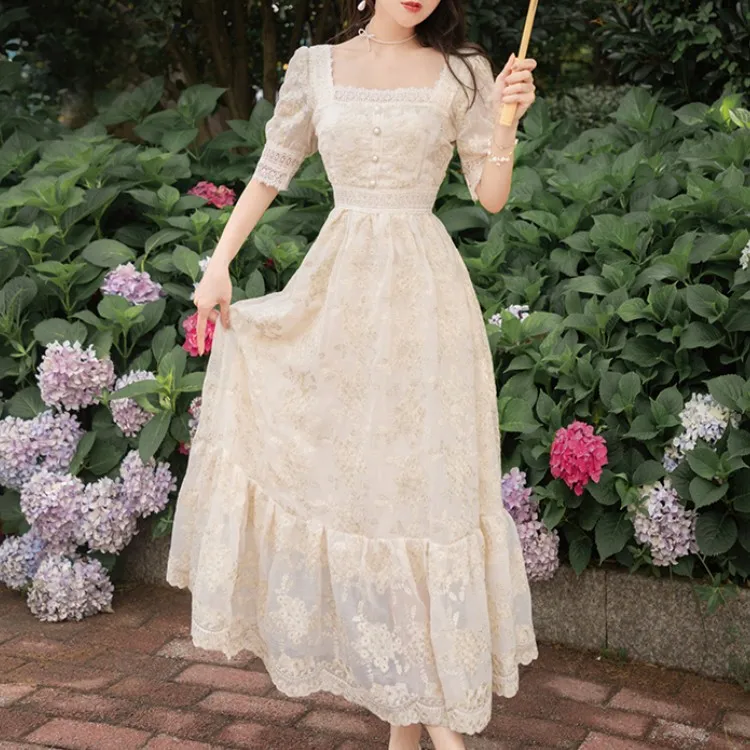 2021 Summer Sweet Lace Embroidery Party Dresses Elegant Square Collar Puff Sleeve Casual Button A Line Ruffles Boho Long Dress