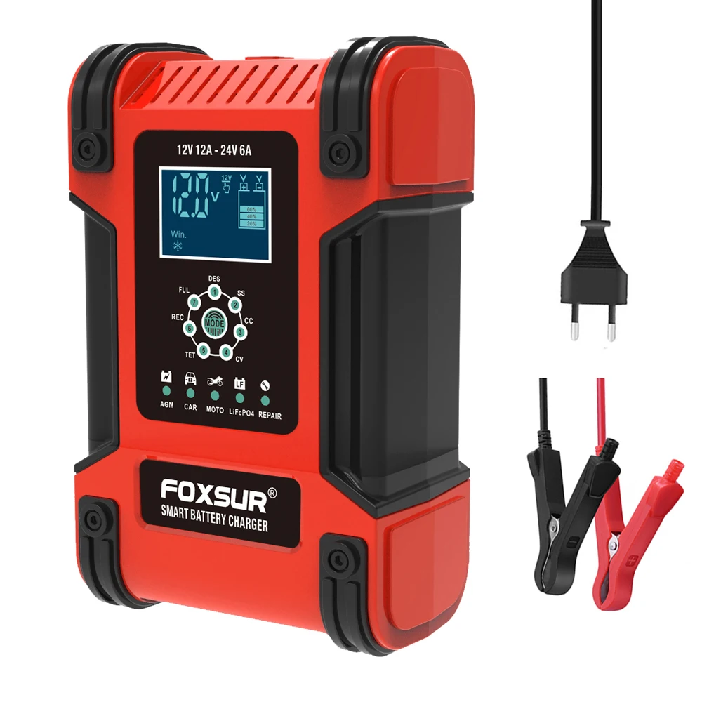 FOXSUR 12V24V 12A Automatic Car Battery Charger Pulse Repair LCD Battery Charger for Car Motorcycle Lead Acid Battery Agm Gel