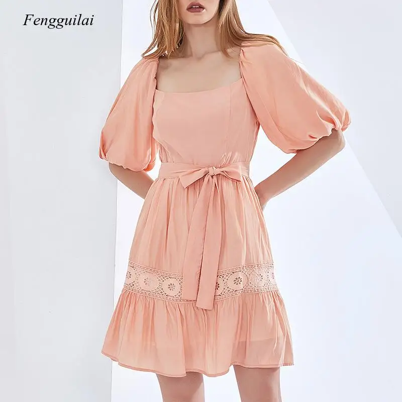 

2021 Spring and Summer Fashion Puff 5-Sleeve Embroidery Lace Up High Waist Solid Color Dress Short Skirt