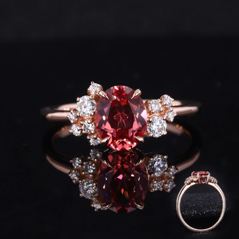 Cheerstar 14k Gold Lab Sapphire Padparadscha Oval 7x9mm With Lab Grown Diamond Melee Stone Ring