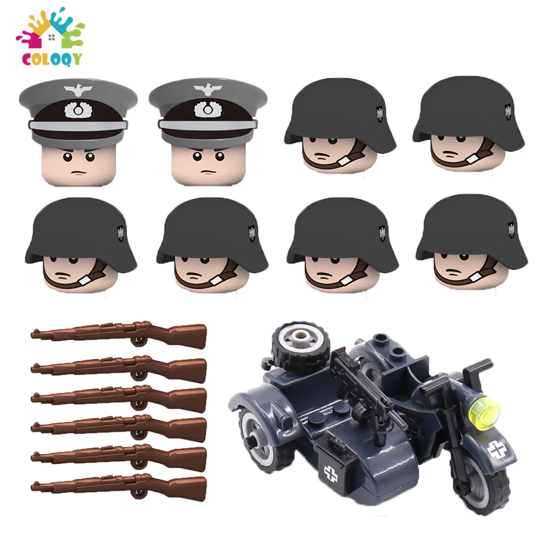 

Kids Toys Mini Military Figures Building Blocks 4 Side Design WW2 German Army Soldiers Guns Weapon Motobike Toys For Boys