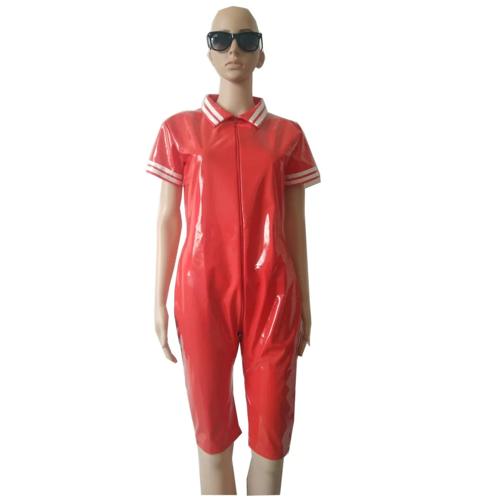 

Женское сексуальное боди с белыми полосками Wetlook, искусственная кожа из ПВХ, трехсторонняя молния спереди, шорты, трико, клубная одежда