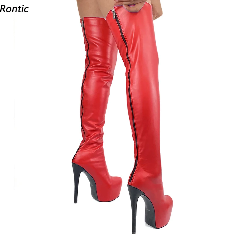 Rontic Women Winter Over The Knee Platform Boots Unisex Stiletto Heels Round Toe Pretty Red Purple Night Club Shoes US Size 5-20