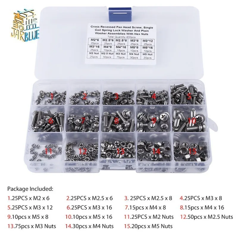 400PCS/Lot M2 M2.5 M3 M4 M5 Cross Pan Head Screws Nuts Washer Assortment Kit Fasteners Hardware with Box