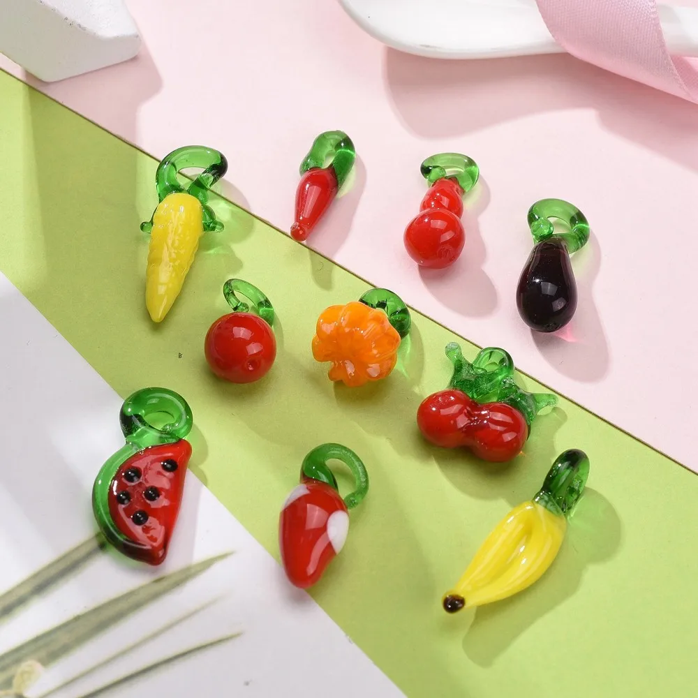 60 Stks/doos Handgemaakte Lampwork Fruit Groente Hangers Mix Vorm Voor Ketting Sieraden Maken Diy Decor Accessoires