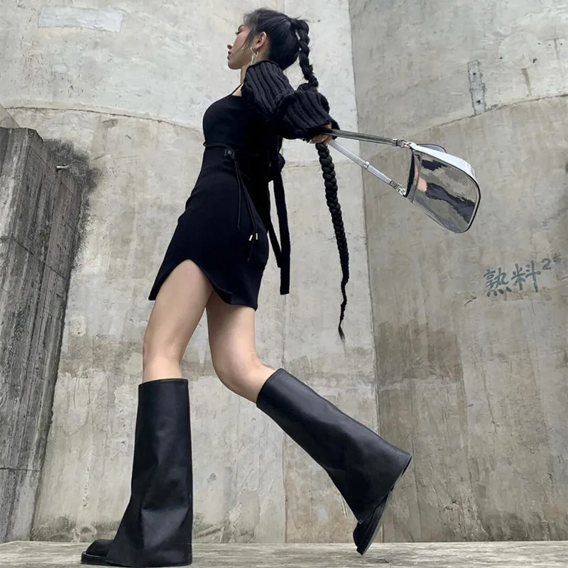 

2023 New Knee-High Boots Women Black Motorcy Boots Round Toe Slip-On Botas De Mujer Sexy Winter Shoes Women Botas Mujer