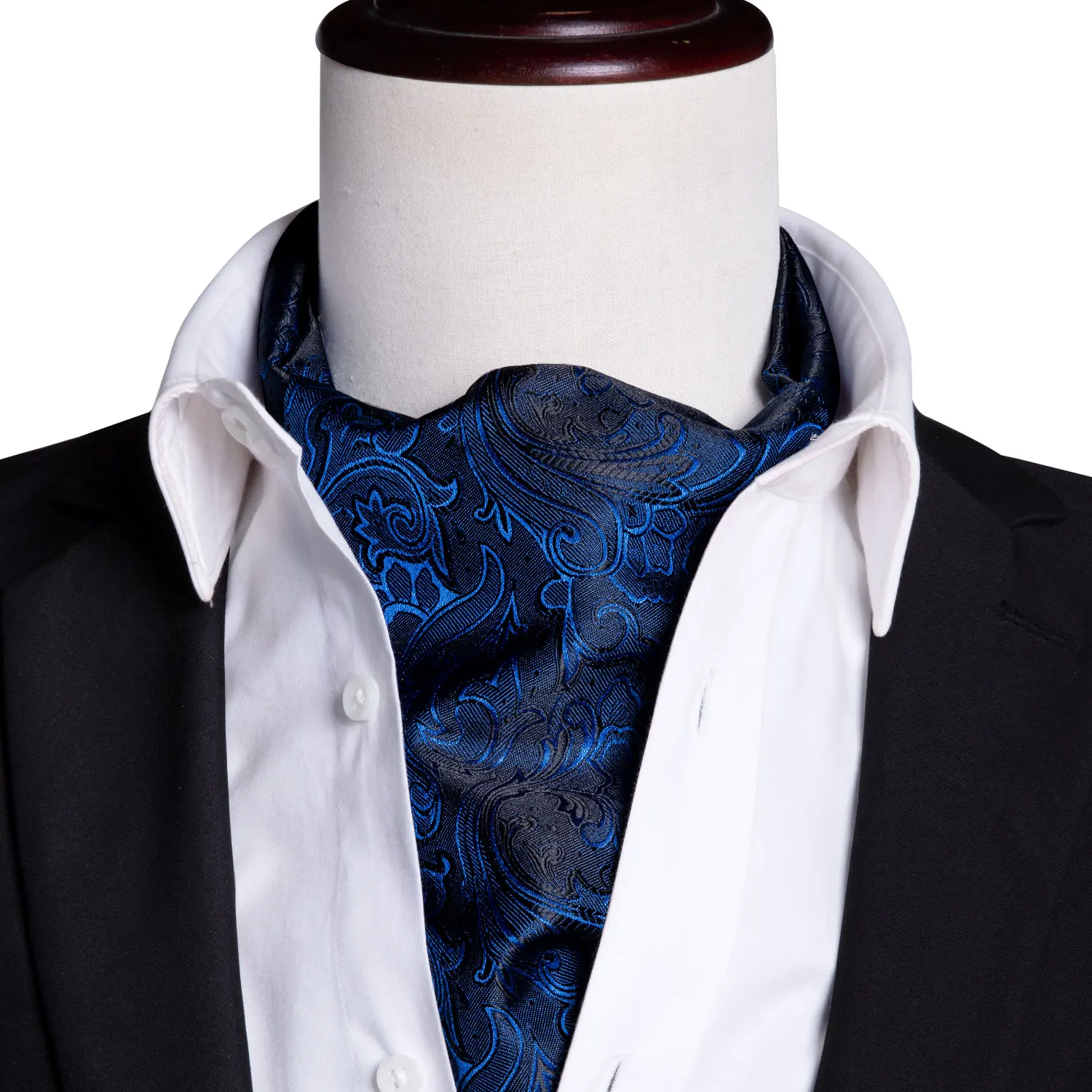 Barry.Wang Men Ascot Tie Floral Deep Blue Silk Cravat Paisley Necktie Set Handkerchief Cufflinks for Wedding Party Dropshipping