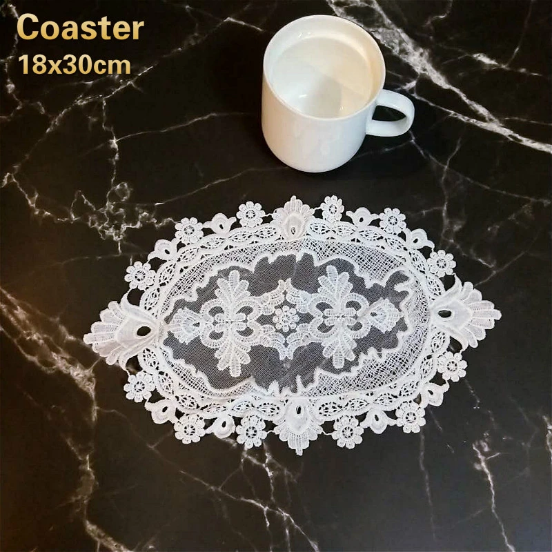 British Style Lace Embroidered Oval White Placemat Coaster Bedroom Balcony Coffee Cup Wine Cover Cloth Banquet Party Decoration