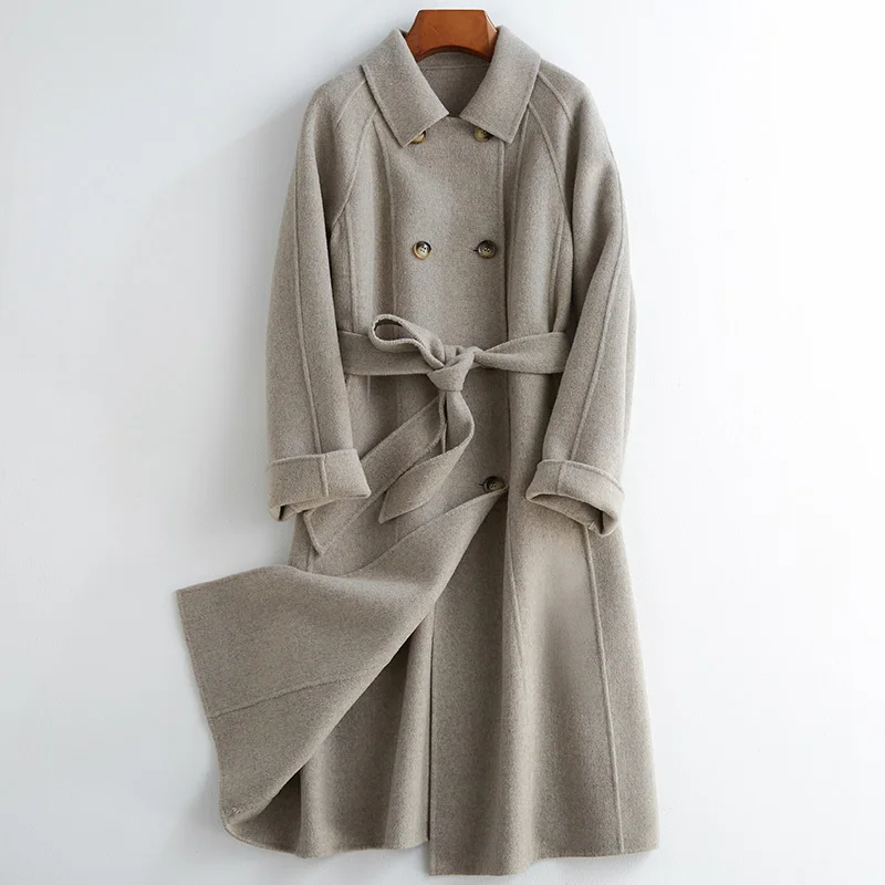 

2020 Long Wool Coat Women Double Breasted Korean Jacket Spring fall Woolen Coat Overcoat Abrigos Mujer Elegante B12Y01668 KJ6158