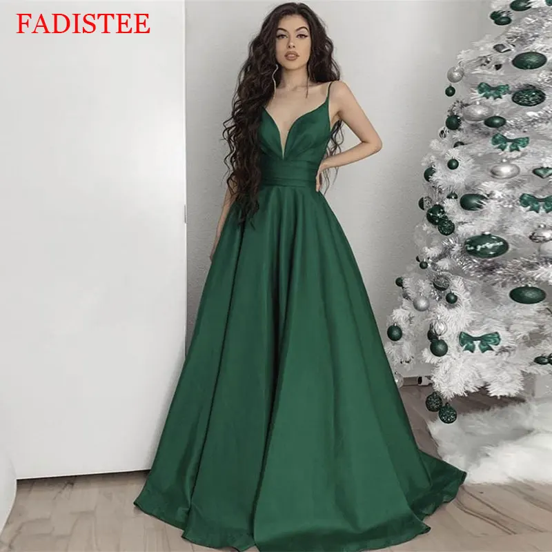 New Style Satin Deep V-neck Prom Dresses Spaghetti Straps Evening Party Dress Vestidos De Fiesta Vestido De Fiesta De Boda