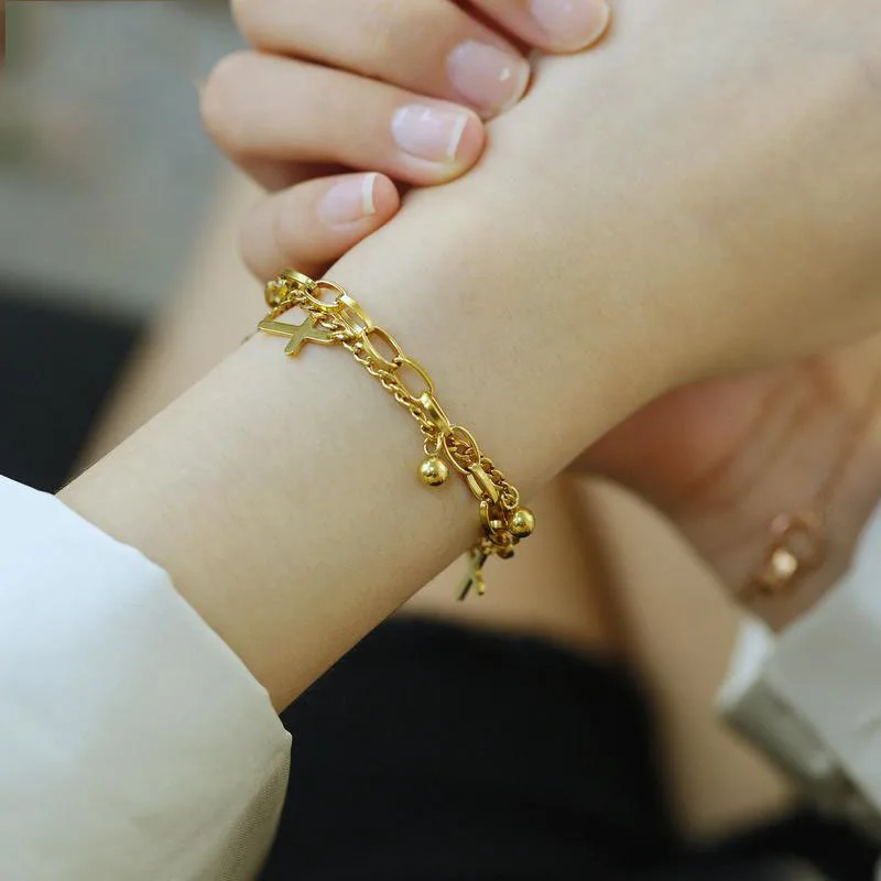 2022 Stainless Steel Cross Layered Bracelet Ladies Charm Gold color Fashion Wrist Bracelet Jewelry брелок