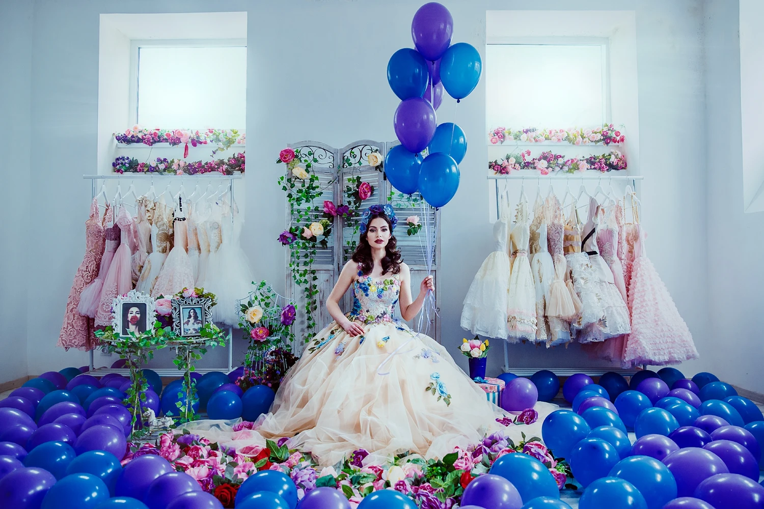 Beauty Bloemenprint Jurk Bloemrijke Prom Jurk Prinses Avondjurken Floor Lengte Jurk Met Trein Blue & Champagne Tulle Gown